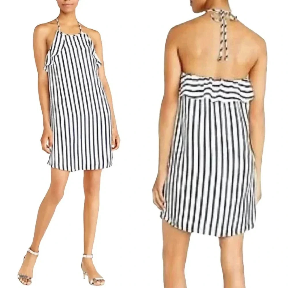J. Crew Dress Halter Striped Ruffle Mini Navy White Size XS NWT